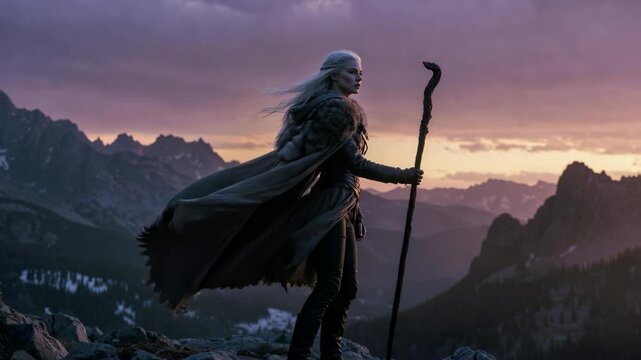 A cloaked fantasy figure with staff on mountain rocks in realistic style against a sunset background, concept of adventure and mysticism