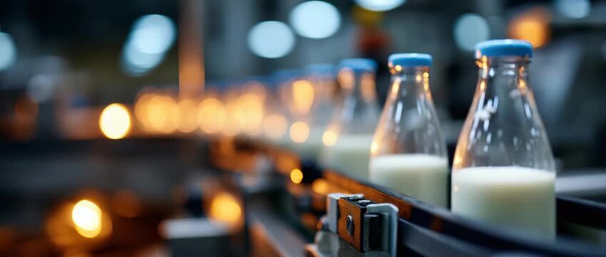 Plastic milk bottles on conveyor line in modern dairy factory, food processing industry, beverage manufacturing, automated bottling, fresh milk packaging, industrial production