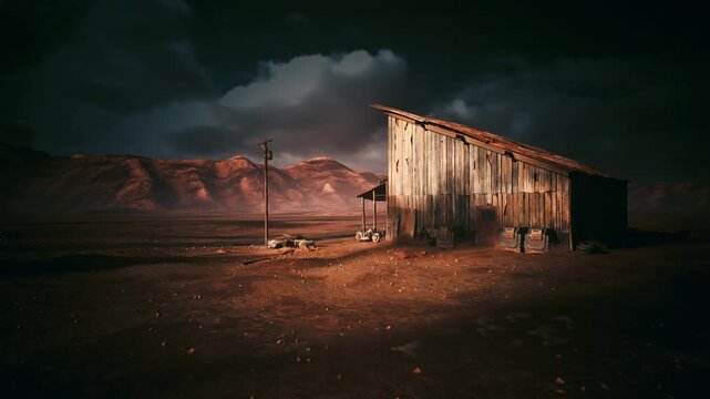 Desert outpost at twilight, corrugated shack bathed in orange glow. Utility pole and broken fence stand against brewing storm, rugged mesas in background,