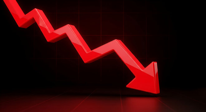 Red 3d downward trending arrow on dark background with grid pattern
