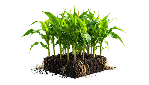 Lush, vibrant group of young corn plants growing in dark soil with visible roots