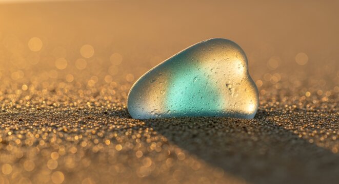 Close-up of smooth sea glass on sandy beach at sunrise
