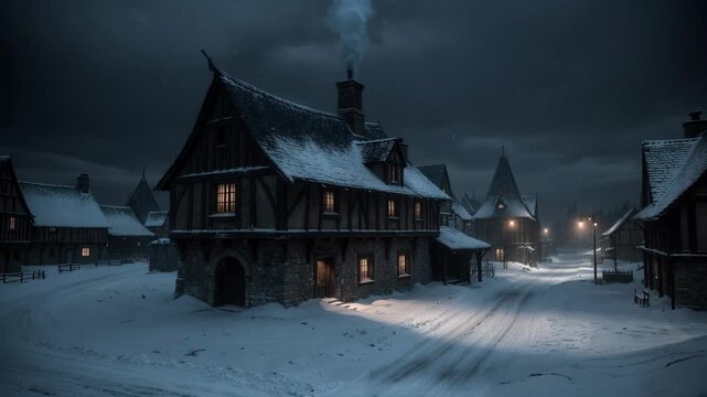 Snowy medieval village at night with lit windows shown in realistic style on dark winter background, concept of calm rustic life