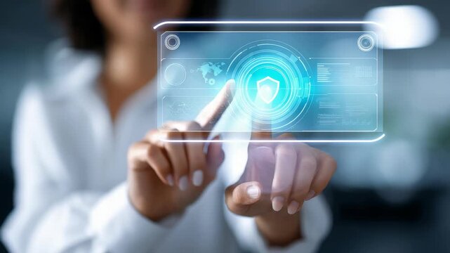 Professional woman touches transparent digital screen with glowing shield symbol, representing advanced cybersecurity. Emphasizes innovation, secure data access, futuristic business solutions