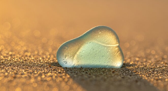 Close-up of translucent sea glass on golden sandy beach