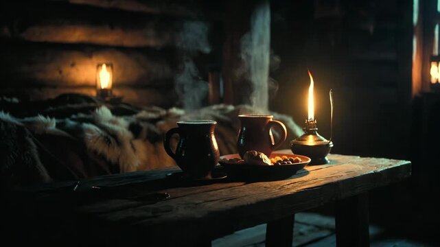 Steaming mugs and snacks on rustic wooden table in warm candlelit cabin interior on dark background, concept of cozy relaxation