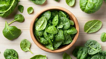 木製のボウルに入った新鮮なベビーほうれん草