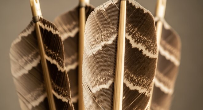 Close-up of arrow fletchings in detailed pattern in studio light