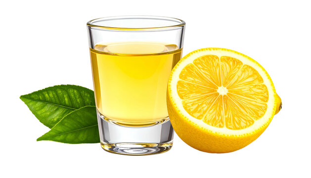 A glass of golden liquid with a halved lemon and green leaves against a black background