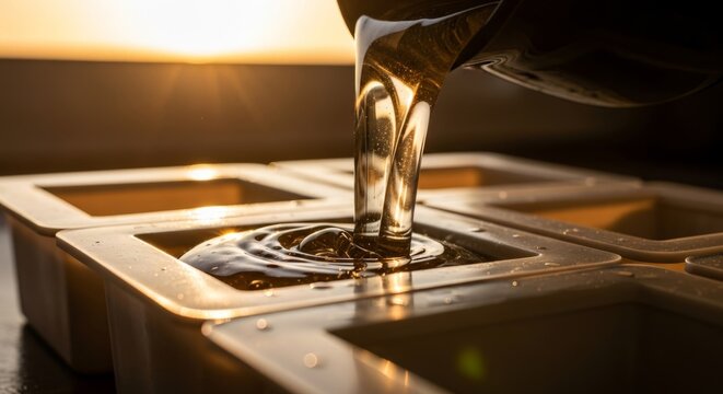 Close-up of golden honey pouring into square molds at sunrise