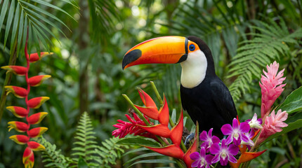 Naklejka premium Toucan with Tropical Flowers on Mossy Branch in Rainforest