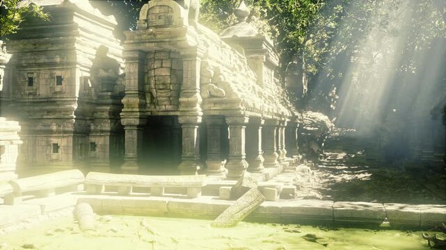 sunlit ruined colonnade with drifting dust and long shafts of light treasure hunter surveys mossy arches, filmmaker captures silhouette passage, guide leads