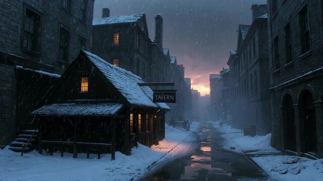 Snowy old street with rustic buildings and warm-lit tavern, painted style, on twilight backdrop, concept of winter solitude