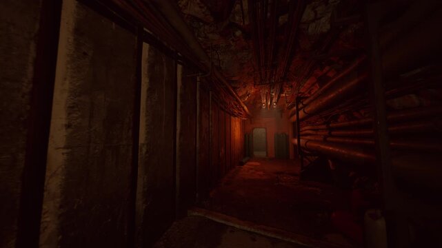 red lit emergency corridor with metal partitions and exit doors, heavy shadow pockets and gritty floor, tense cinematic mood perfect for evacuation drill