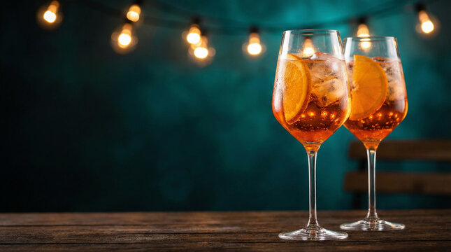 Two glasses of Aperol Spritz cocktail with orange slices and ice on a wooden table. Festive background with bokeh lights. Concept of summer party, Italian aperitivo, and celebration.