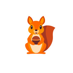 Obraz premium Cartoon Squirrel Holding Acorn. Cute Orange Squirrel Illustration. Flat Vector Design for Children's Books and Educational Material. Animal Mascot with Big Eyes on White Background.