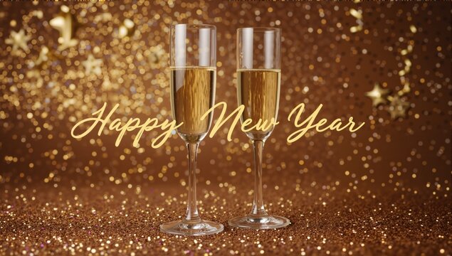 Two champagne glasses on festive glitter background, Happy New Year concept , Copy space, slow mooving video
