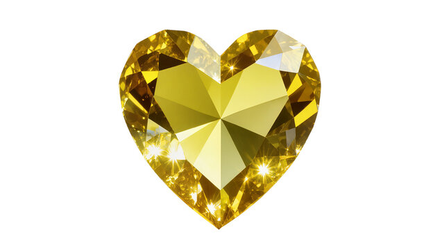 Brilliant yellow heart shaped diamond gemstone sparkling and faceted, isolated on transparent background for jewelry design