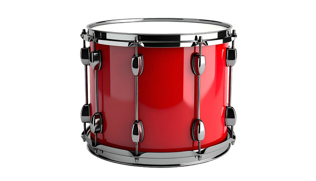 A shiny red snare drum with chrome hardware against a black background