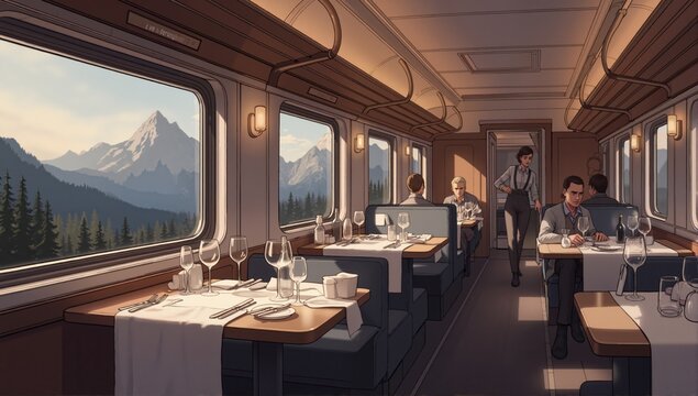 train dining room in calgary, in the style of tom chambers. generative AI illustration.
