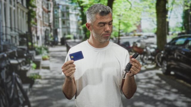 Man holds creditcard in left hand and car keys in right hand, pensive expression on a tree lined street; debt worry.