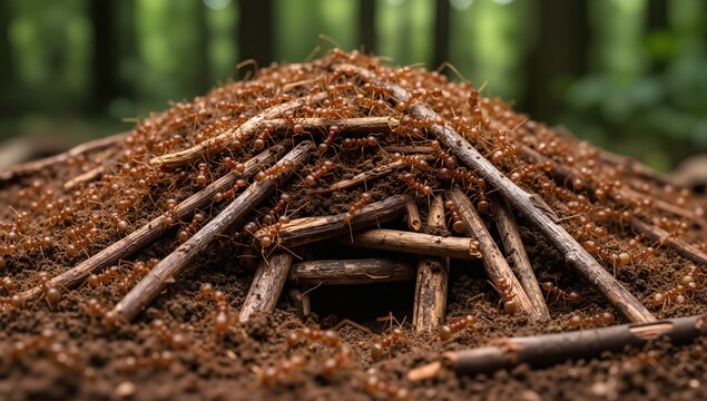 Anthill with colony of ants in forest. Ants mooving sticks and building their house, closeup, macro.
