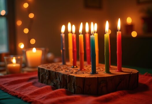 Kwanzaa Kinara Array of Candles Flickering in Unity Setting on Table