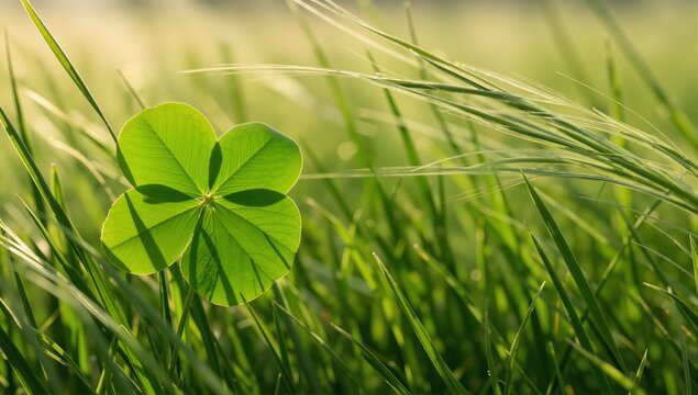 background close-up of a green clover in the grass. green grass swaying by the wind on a summer sunny morning. left to rigth mooving

