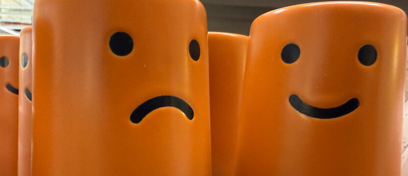 orange objects with sad and happy faces side by side comparison concept of psychology, marketing, education