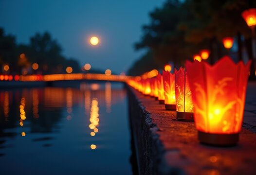 Stunning Lanterns Illuminating Calm Riverbank at Night Reflecting Elegance and Tranquility
