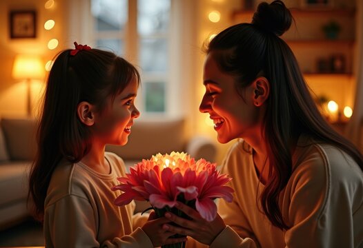 Tender Moment Domestic Scene Child Presenting Flowers to Caring Mother Love Home