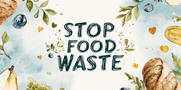 food waste awareness, a delightful postcard with a gentle watercolor illustration featuring food scraps turning into plants, with stop food waste in a playful font