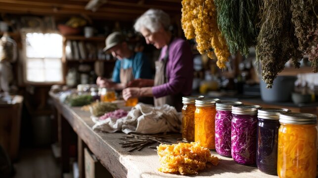 preserving harvest, participants pack jars in a lively food preservation workshop in a charming farmhouse kitchen