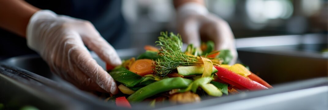 eco-friendly food waste campaign, a dynamic web banner showcases a chef carefully adding vibrant vegetable peels and herb stems to a compost bin in a sunlit kitchen sharp focus, warm tones, and ample