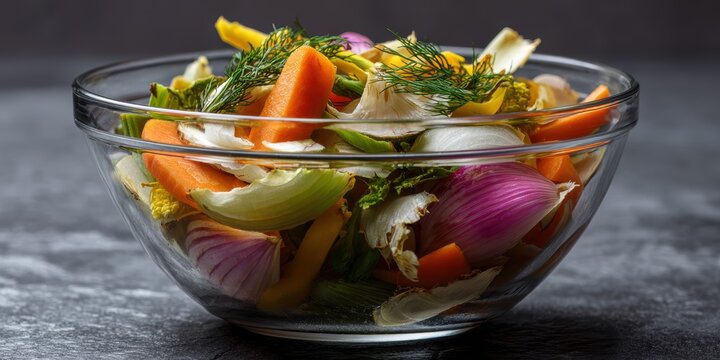 food styling, a rustic surface displays the colorful and textured vegetable trimmings in a broth-filled bowl