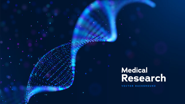 Medical Research Abstract Background With DNA Helix Made Of Glowing Particles And Data Flow. Biotechnology And Science Innovation Concept. Medical Researches And Genetic Analysis. Vector Illustration.