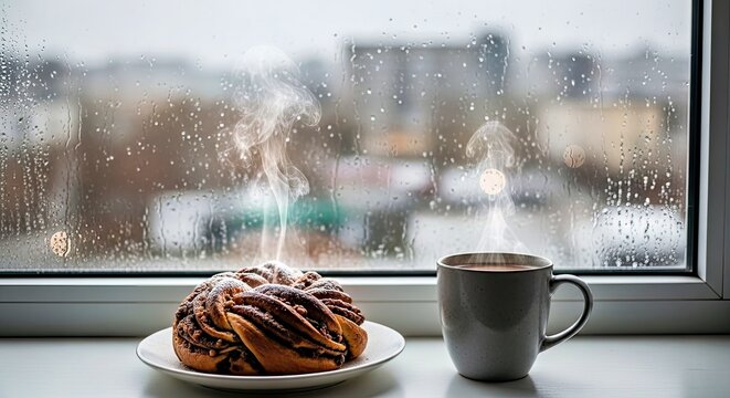 Steaming Babka With a Warming Cup of Cocoa on a Rainy Day Window Sill