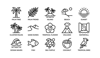 Obraz premium Tropical nature icons collection: palm tree, beach, volcano, waterfall, tropical bird