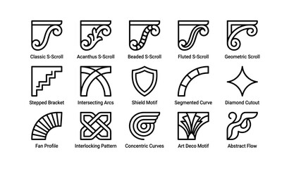 Fototapeta premium Decorative scrolls and motifs diagram: classic, shield, art deco, abstract