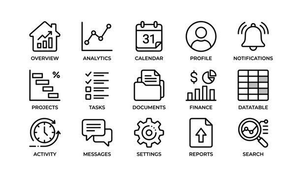 Overview icons: analytics, calendar, profile, notifications, tasks, finance, search