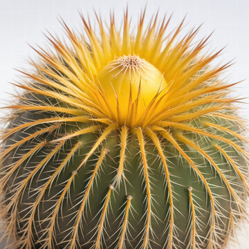 Close-up of a green barrel cactus with bold, vertical ribs and sunlit yellow-golden spines radiating from each areole, crowned by a vivid yellow bloom at the top, delivering warm contrast and drama