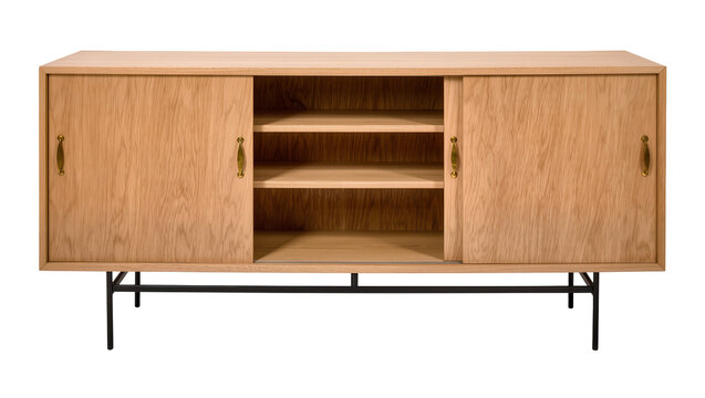 Wooden sideboard with sliding doors and brass handles, modern furniture design isolated on transparent background