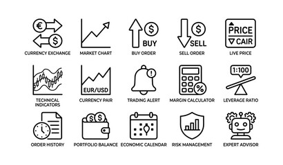 Fototapeta premium Currency exchange icons set: trading tools and financial symbols collection