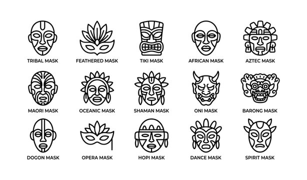 Cultural masks overview: tribal, tiki, african, aztec, maori, oceanic, shaman, oni, barong, dogon, opera, hopi, dance, spirit
