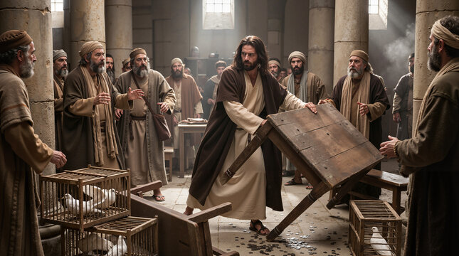 Jesus Christ overturning the tables of the money changers in the Temple. Biblical scene of the cleansing of the temple in Jerusalem. Holy Monday religious history reenactment