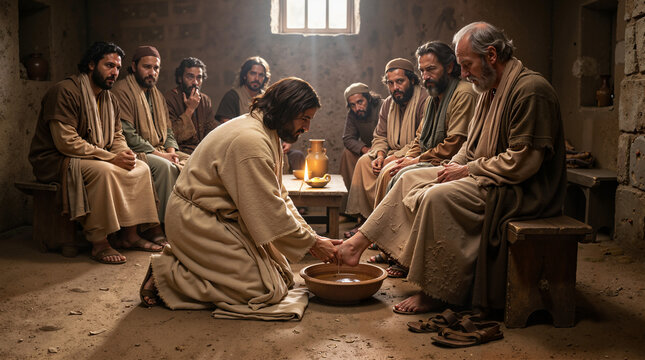 Jesus washing the feet of his disciples on Maundy Thursday. Biblical scene of humility and service. Christian religious tradition of the Last Supper