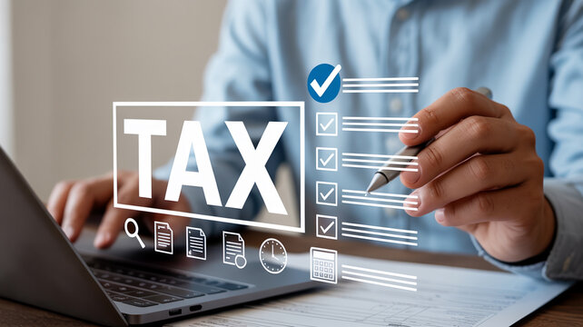 Person with laptop and pen, tax documents and checklist, symbolizing tax season preparation.