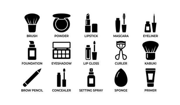 Silhouette icons of makeup tools and products including brush and lipstick