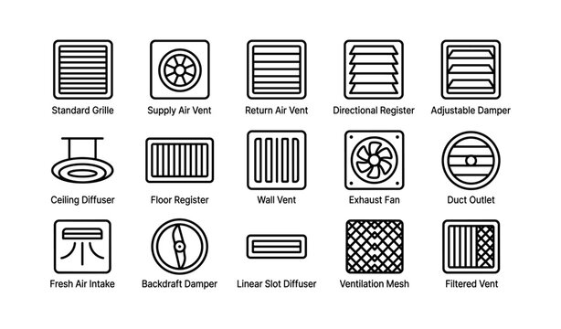 Overview of air ventilation components: grilles, registers, dampers, diffusers, fans