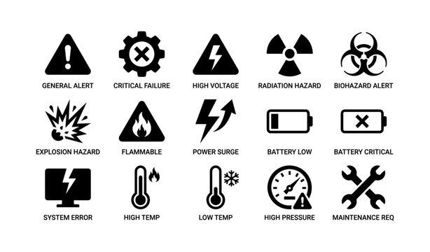 Safety and alert icons: general, radiation, biohazard, explosion, flammable, battery